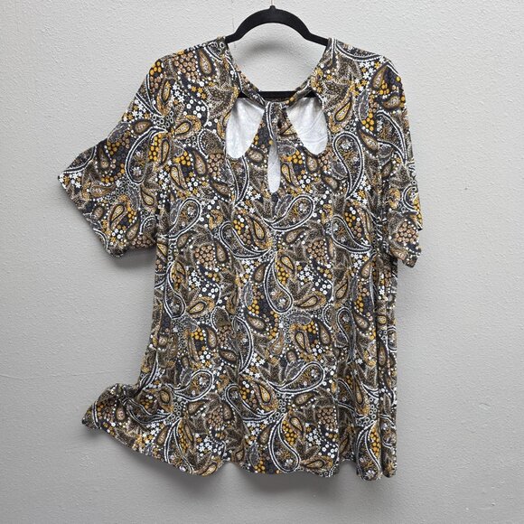 Jessica London Shirt Womens 22/24 Black Paisley Keyhole Short Sleeve Plus Size - Picture 1 of 9